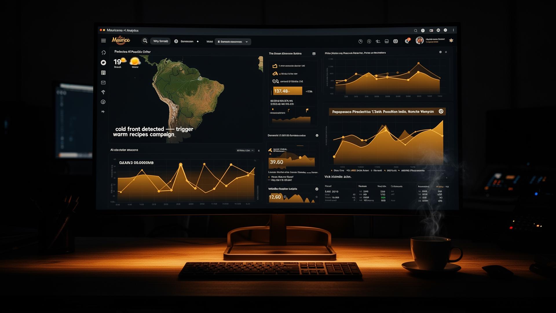 Dashboard Mauricéa AI Analytics em monitor ultrawide
